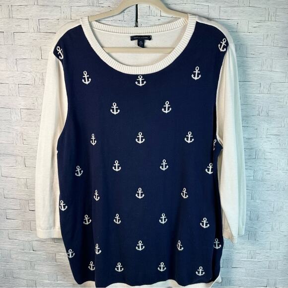 Tommy Hilfiger Anchor-Patterned Sweater Navy Cream nautical coastal plus size - Picture 1 of 8